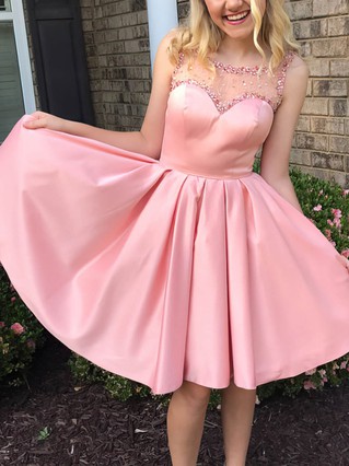 A-line Scoop Neck Satin Tulle Short/Mini Beading Prom Dresses #Favs020106324 A-line Scoop Neck Satin Tulle Short/Mini Beading Prom Dresses #Favs020106324
