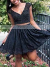 A-line V-neck Lace Short/Mini Beading Prom Dresses #Favs020106329