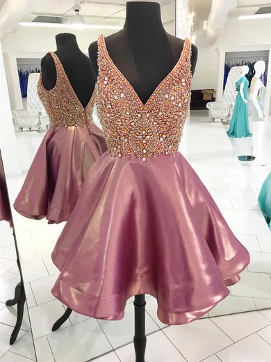 Princess V-neck Satin Short/Mini Beading Prom Dresses #Favs020106332