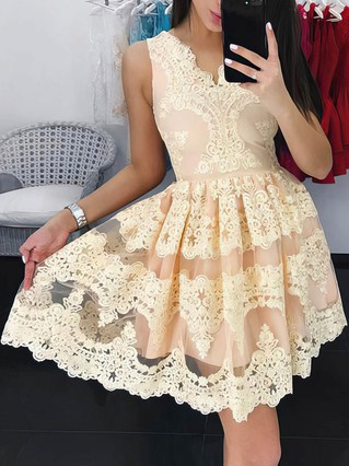 A-line V-neck Lace Short/Mini Prom Dresses #Favs020106334 A-line V-neck Lace Short/Mini Prom Dresses #Favs020106334