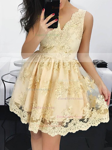 A-line V-neck Lace Short/Mini Prom Dresses #Favs020106334