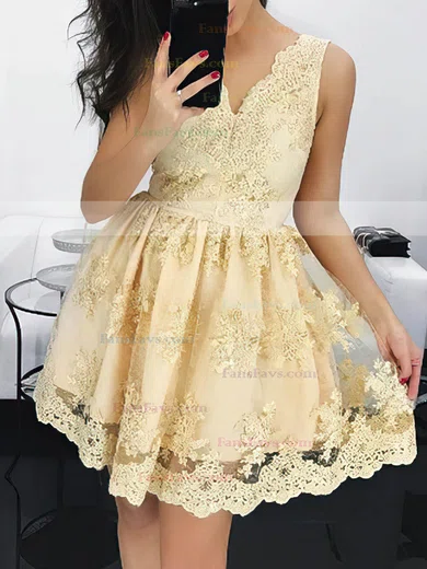A-line V-neck Lace Short/Mini Prom Dresses #Favs020106334