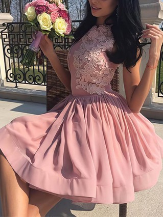 A-line Scoop Neck Silk-like Satin Short/Mini Appliques Lace Prom Dresses #Favs020106335 A-line Scoop Neck Silk-like Satin Short/Mini Appliques Lace Prom Dresses #Favs020106335