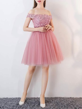 A-line Off-the-shoulder Tulle Short/Mini Appliques Lace Prom Dresses #Favs020106336 A-line Off-the-shoulder Tulle Short/Mini Appliques Lace Prom Dresses #Favs020106336