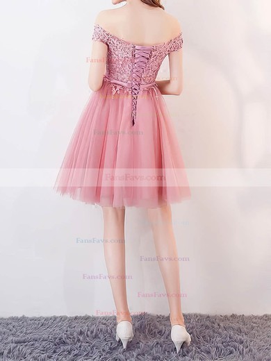 A-line Off-the-shoulder Tulle Short/Mini Appliques Lace Prom Dresses #Favs020106336