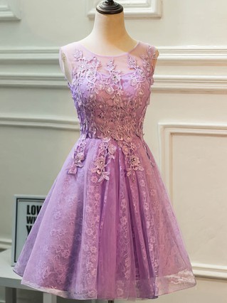 A-line Scoop Neck Lace Tulle Knee-length Beading Prom Dresses #Favs020106337 A-line Scoop Neck Lace Tulle Knee-length Beading Prom Dresses #Favs020106337