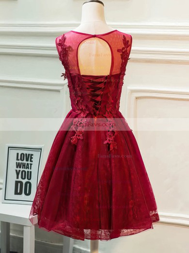 A-line Scoop Neck Lace Tulle Knee-length Beading Prom Dresses #Favs020106337
