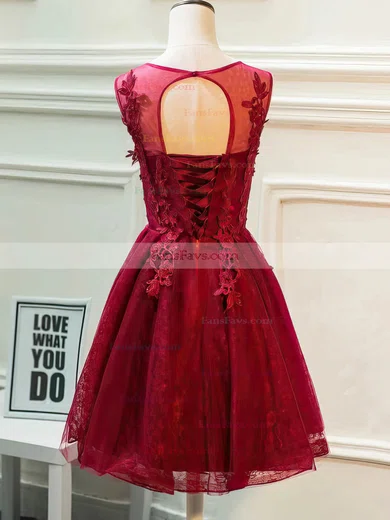 A-line Scoop Neck Lace Tulle Knee-length Beading Prom Dresses #Favs020106337
