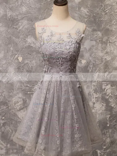 A-line Scoop Neck Lace Tulle Knee-length Beading Prom Dresses #Favs020106337