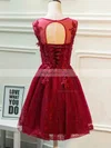 A-line Scoop Neck Lace Tulle Knee-length Beading Prom Dresses #Favs020106337