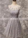 A-line Scoop Neck Lace Tulle Knee-length Beading Prom Dresses #Favs020106337