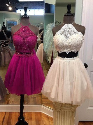 A-line Halter Lace Tulle Short/Mini Beading Prom Dresses #Favs020106342 A-line Halter Lace Tulle Short/Mini Beading Prom Dresses #Favs020106342