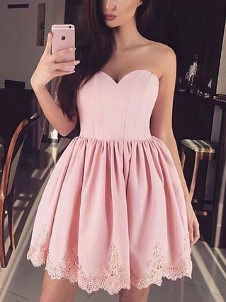A-line Sweetheart Silk-like Satin Short/Mini Appliques Lace Prom Dresses #Favs020106343 A-line Sweetheart Silk-like Satin Short/Mini Appliques Lace Prom Dresses #Favs020106343