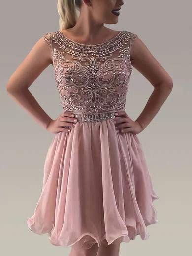 A-line Scoop Neck Tulle Chiffon Knee-length Sequins Prom Dresses #Favs020106356