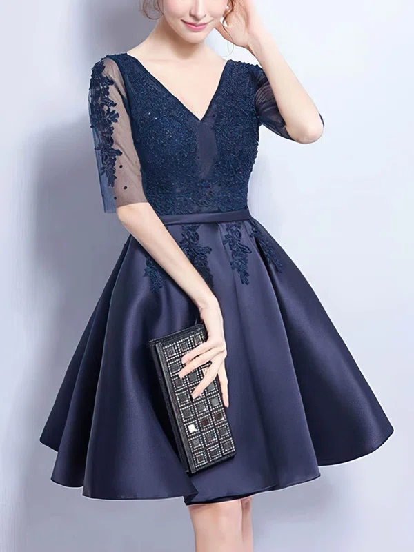 A-line V-neck Satin Tulle Short/Mini Appliques Lace Prom Dresses #Favs020106357