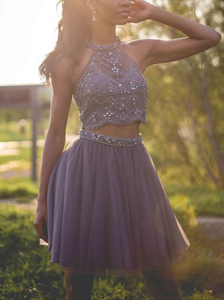 A-line Halter Tulle Short/Mini Beading Prom Dresses #Favs020106363 A-line Halter Tulle Short/Mini Beading Prom Dresses #Favs020106363