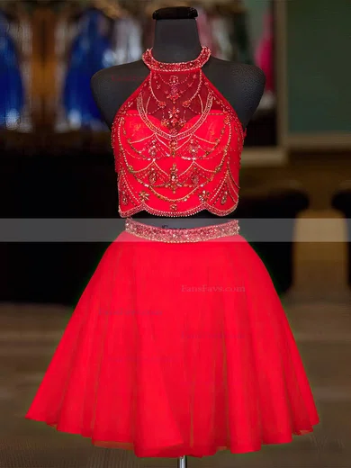 A-line Halter Tulle Short/Mini Beading Prom Dresses #Favs020106363