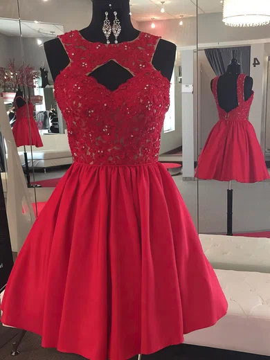 A-line Scoop Neck Satin Tulle Short/Mini Beading Prom Dresses #Favs020106364