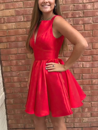 A-line V-neck Satin Short/Mini Ruffles Prom Dresses #Favs020106365