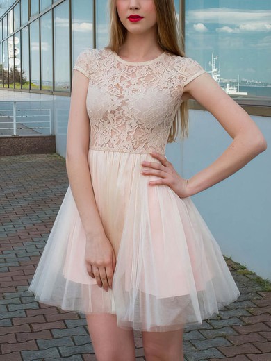 A-line Scoop Neck Lace Tulle Short/Mini Lace Prom Dresses #Favs020106367