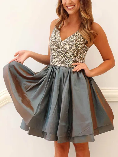 A-line V-neck Taffeta Short/Mini Beading Prom Dresses #Favs020106368