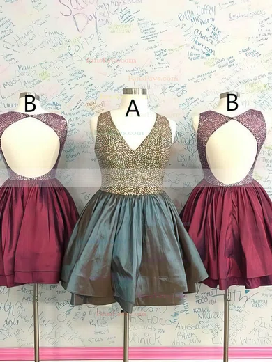 A-line V-neck Taffeta Short/Mini Beading Prom Dresses #Favs020106368