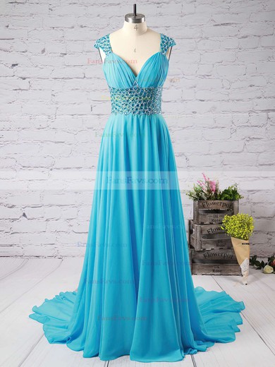 A-line V-neck Chiffon Sweep Train Beading Prom Dresses #Favs020102404