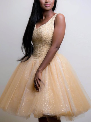 Ball Gown V-neck Tulle Sequined Short/Mini Sequins Prom Dresses #Favs020106374