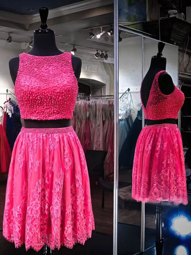 A-line Scoop Neck Lace Tulle Short/Mini Pearl Detailing Prom Dresses #Favs020106375