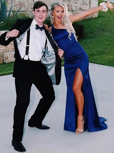 Trumpet/Mermaid One Shoulder Satin Sweep Train Split Front Prom Dresses #Favs020106402