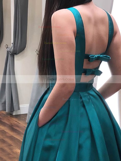 A-line V-neck Satin Floor-length Bow Prom Dresses #Favs020106405