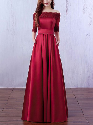 A-line Off-the-shoulder Satin Floor-length Appliques Lace Prom Dresses #Favs020102406