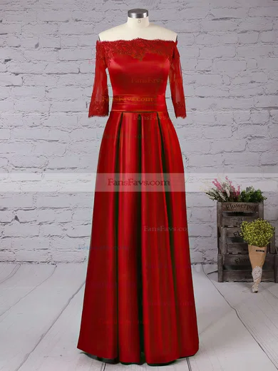 A-line Off-the-shoulder Satin Floor-length Appliques Lace Prom Dresses #Favs020102406