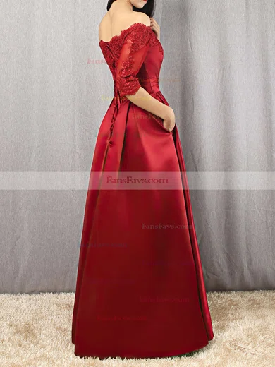A-line Off-the-shoulder Satin Floor-length Appliques Lace Prom Dresses #Favs020102406