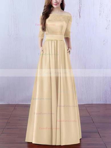 A-line Off-the-shoulder Satin Floor-length Appliques Lace Prom Dresses #Favs020102406