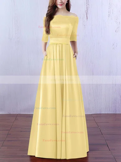 A-line Off-the-shoulder Satin Floor-length Appliques Lace Prom Dresses #Favs020102406