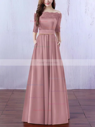 A-line Off-the-shoulder Satin Floor-length Appliques Lace Prom Dresses #Favs020102406