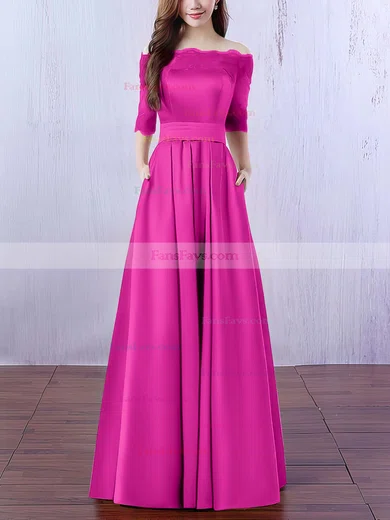 A-line Off-the-shoulder Satin Floor-length Appliques Lace Prom Dresses #Favs020102406