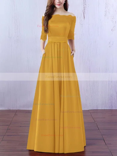 A-line Off-the-shoulder Satin Floor-length Appliques Lace Prom Dresses #Favs020102406