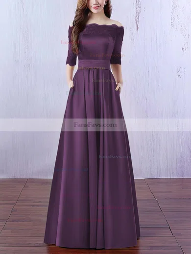 A-line Off-the-shoulder Satin Floor-length Appliques Lace Prom Dresses #Favs020102406