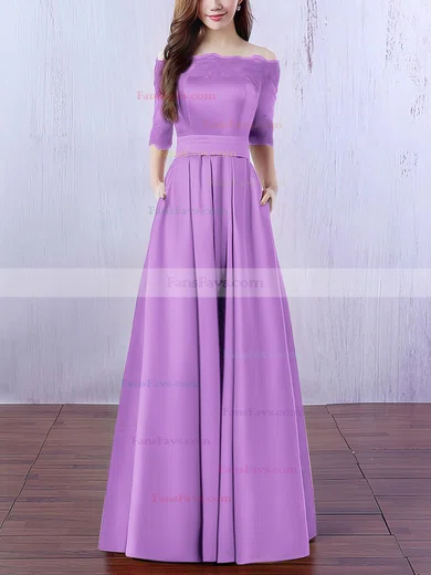 A-line Off-the-shoulder Satin Floor-length Appliques Lace Prom Dresses #Favs020102406