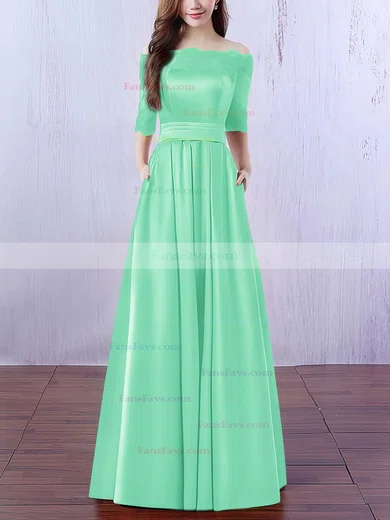 A-line Off-the-shoulder Satin Floor-length Appliques Lace Prom Dresses #Favs020102406