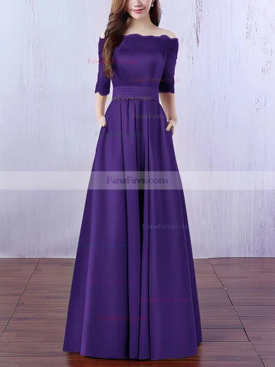 A-line Off-the-shoulder Satin Floor-length Appliques Lace Prom Dresses #Favs020102406