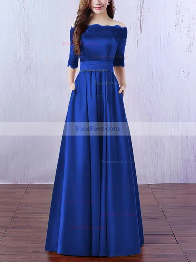 A-line Off-the-shoulder Satin Floor-length Appliques Lace Prom Dresses #Favs020102406