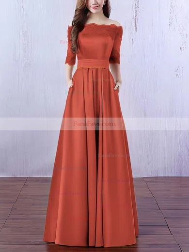 A-line Off-the-shoulder Satin Floor-length Appliques Lace Prom Dresses #Favs020102406