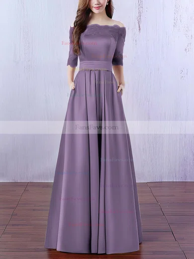 A-line Off-the-shoulder Satin Floor-length Appliques Lace Prom Dresses #Favs020102406