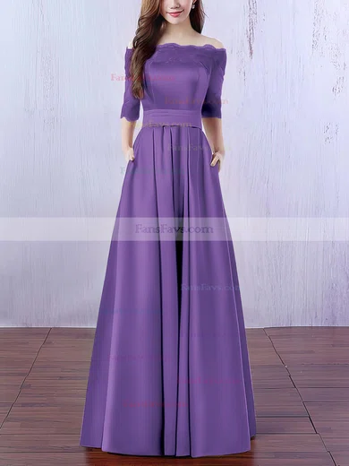A-line Off-the-shoulder Satin Floor-length Appliques Lace Prom Dresses #Favs020102406