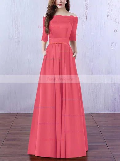 A-line Off-the-shoulder Satin Floor-length Appliques Lace Prom Dresses #Favs020102406