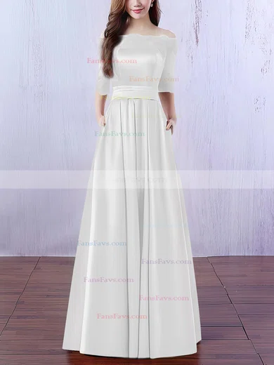 A-line Off-the-shoulder Satin Floor-length Appliques Lace Prom Dresses #Favs020102406