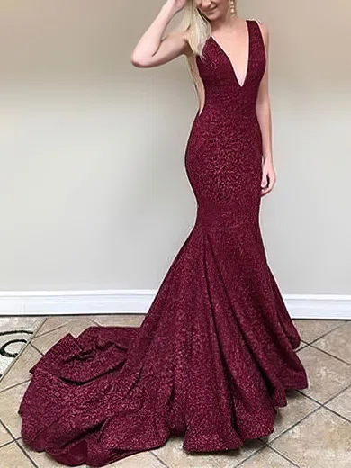 Trumpet/Mermaid V-neck Lace Sweep Train Prom Dresses #Favs020106406